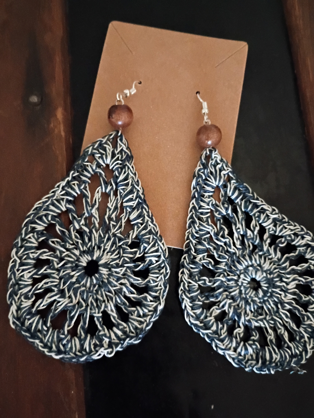 Handcrafted Navy and White Crochet Teardrop Earrings with Wood Bead